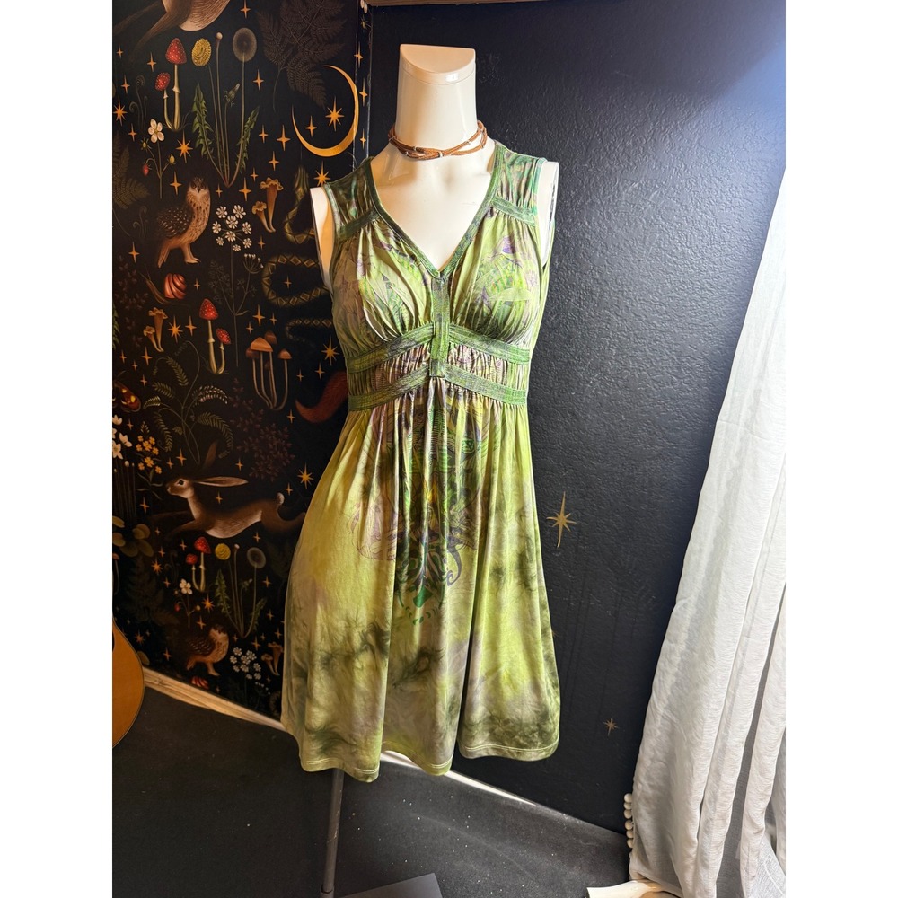 One World Live and Let Live Green Tie Dye Graphic Empire Waist Dress Medium